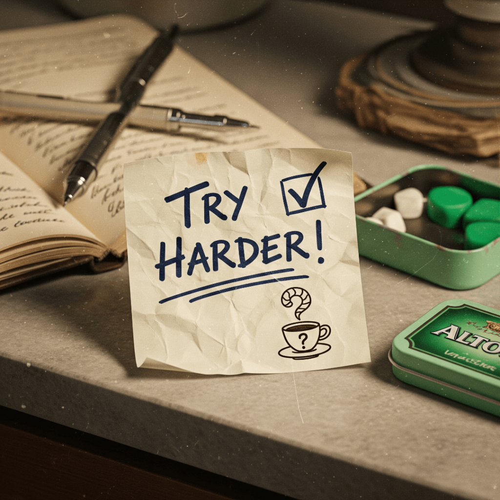 A vintage-style image of a crumpled sticky note on a messy counte