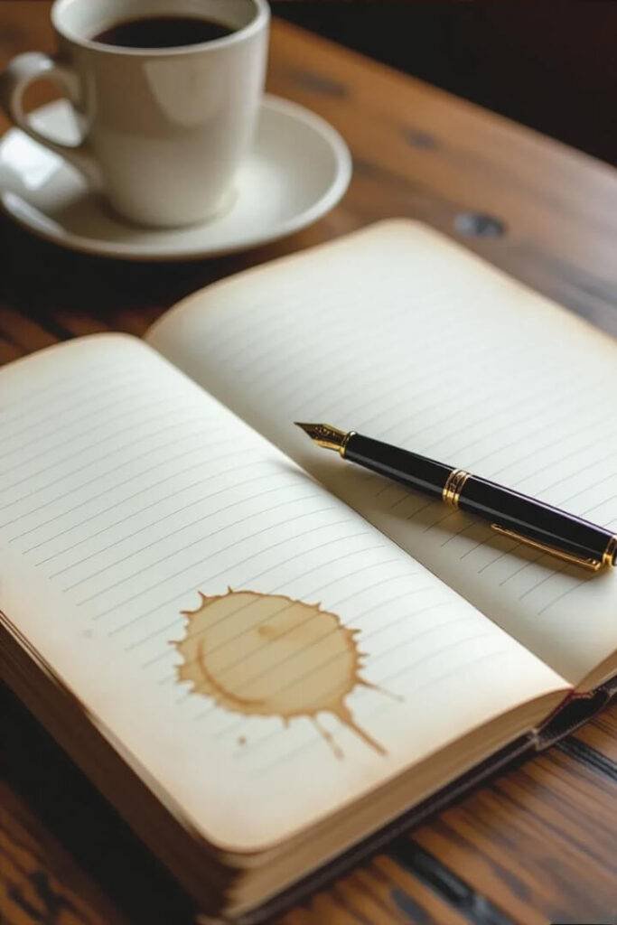 Beat-up journal with coffee stain on creaky wooden table,