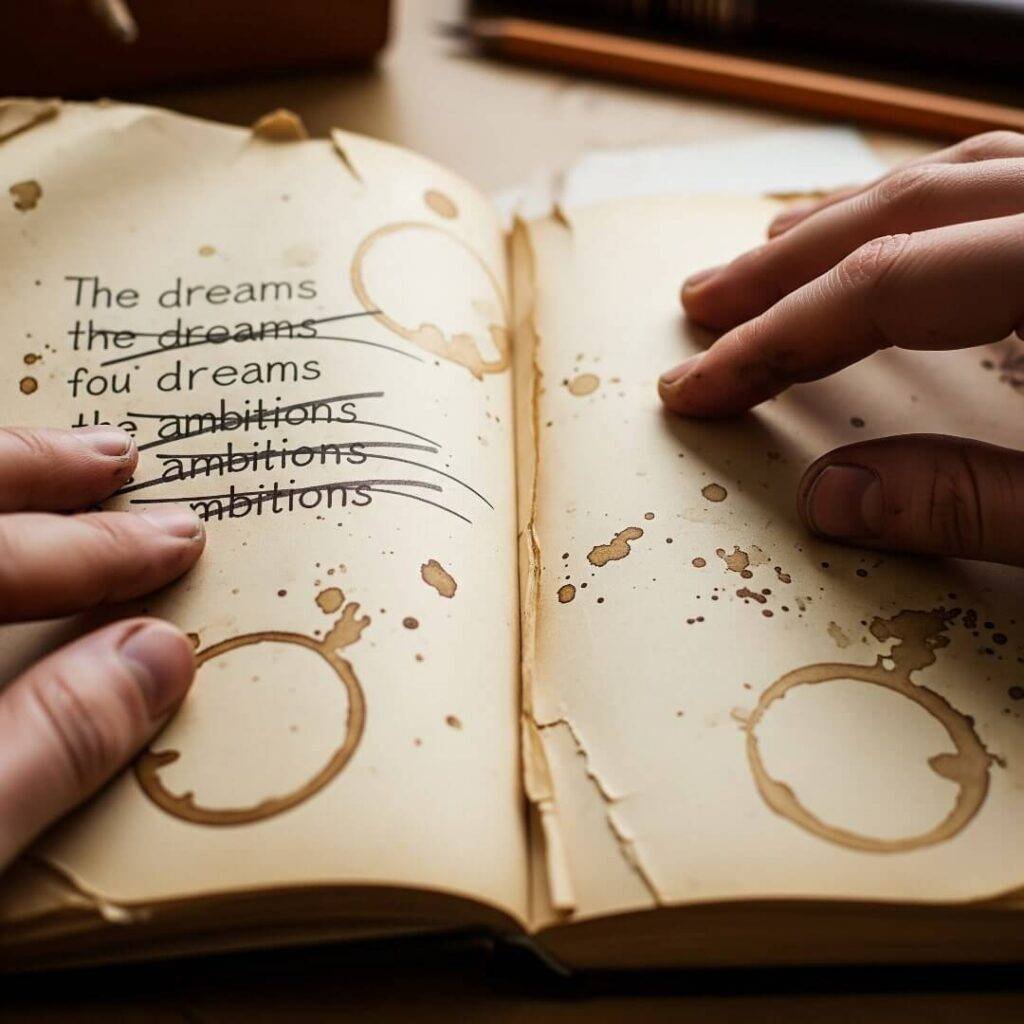encil-smudged hands flipping through a coffee-stained journa
