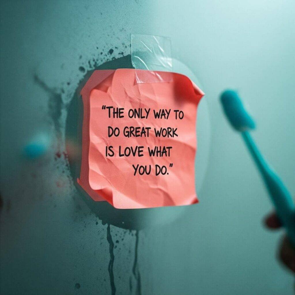A crumpled sticky note on a foggy bathroom mirror, with a hopeful quote.
