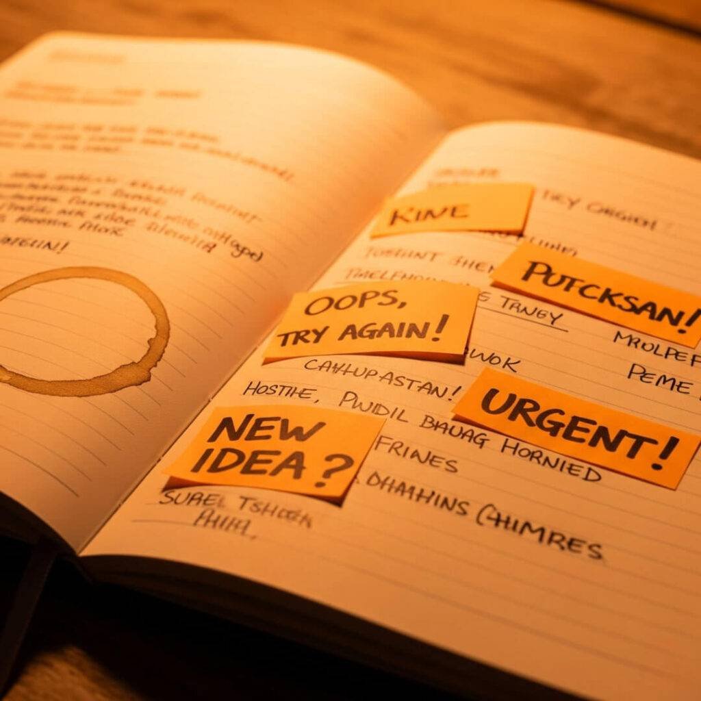 A close-up of a coffee-stained notebook with "Oops, try again!" sticky notes.