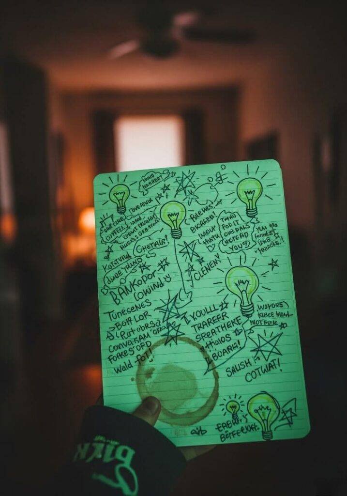 A blurry photo of a neon green journal page with doodles and scribbles