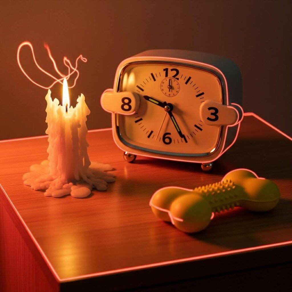 A bedside table with a flickering candle, alarm clock, and dog chew toy.
