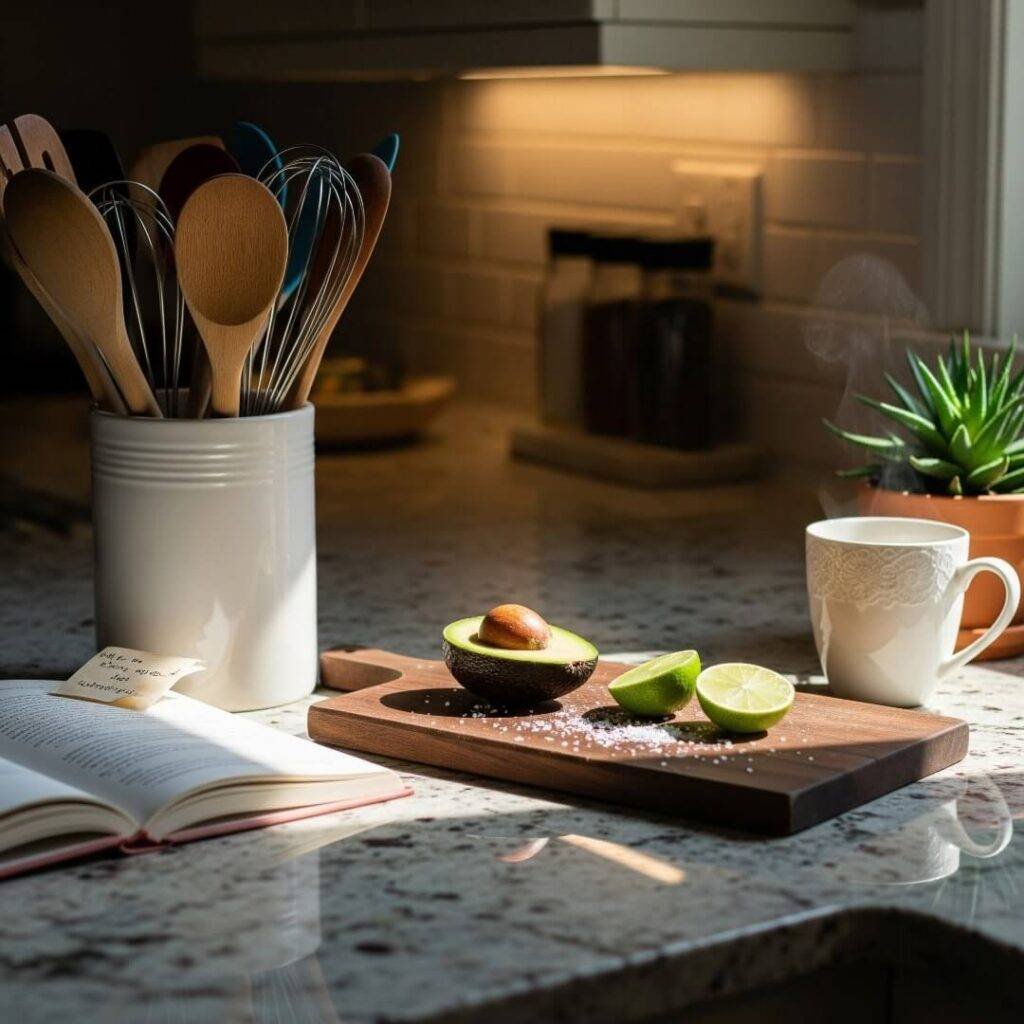 "Kitchen counter with avocado, lime, and coffee."