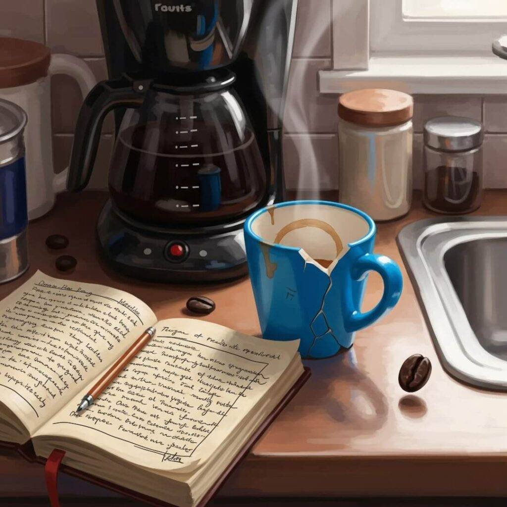 Cluttered kitchen counter with coffee maker, chipped mug