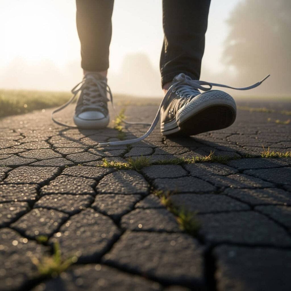 A close-up of a person's feet in sneakers on a cracked sidewalk,