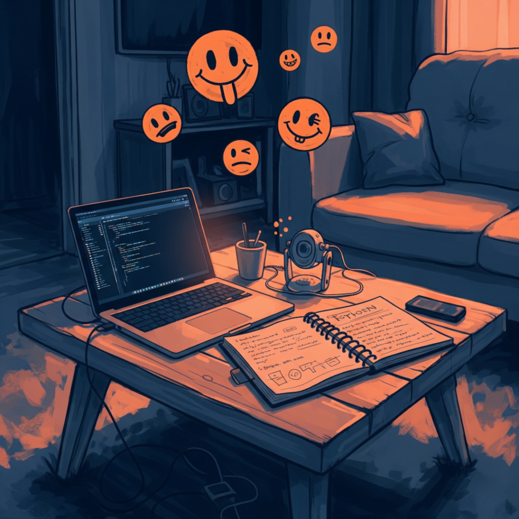 Smudged painting of messy living room with laptop and baby monitor.