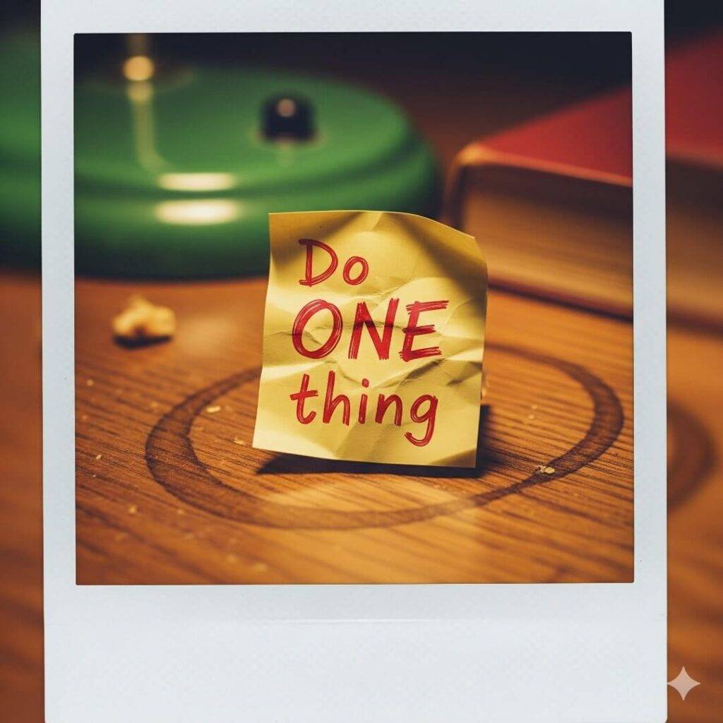A crumpled yellow Post-it note with "Do ONE thing"