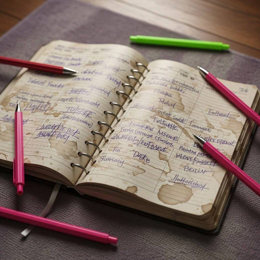 A close-up of a messy, coffee-stained planner with neon pink pens.