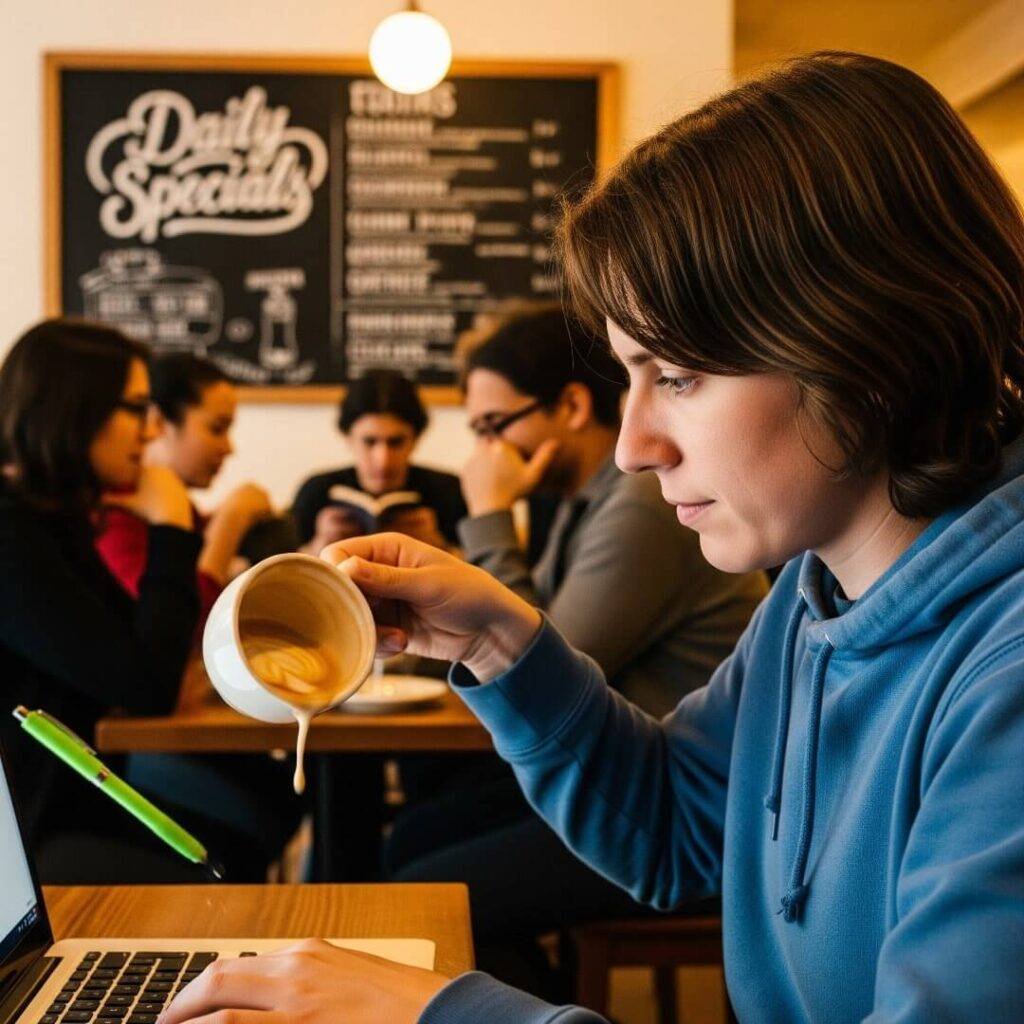 A coffee shop patron types on a laptop while a latte spills