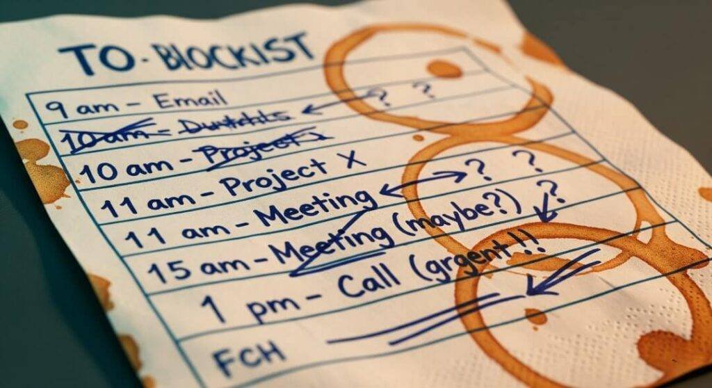 A close-up of a coffee-stained napkin with a messy, handwritten to-do list.
