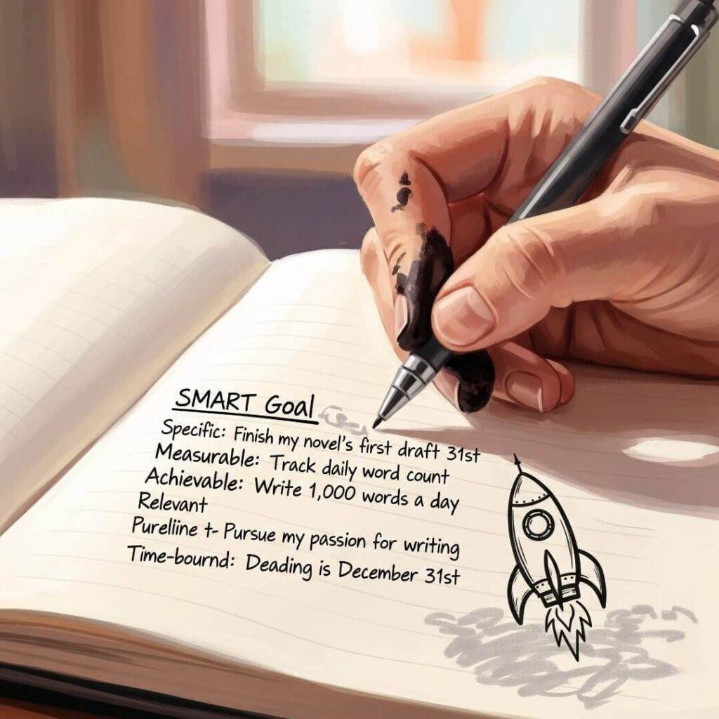 A close-up of a hand with ink smudges writing a SMART goal in a journal with a rocket doodle.