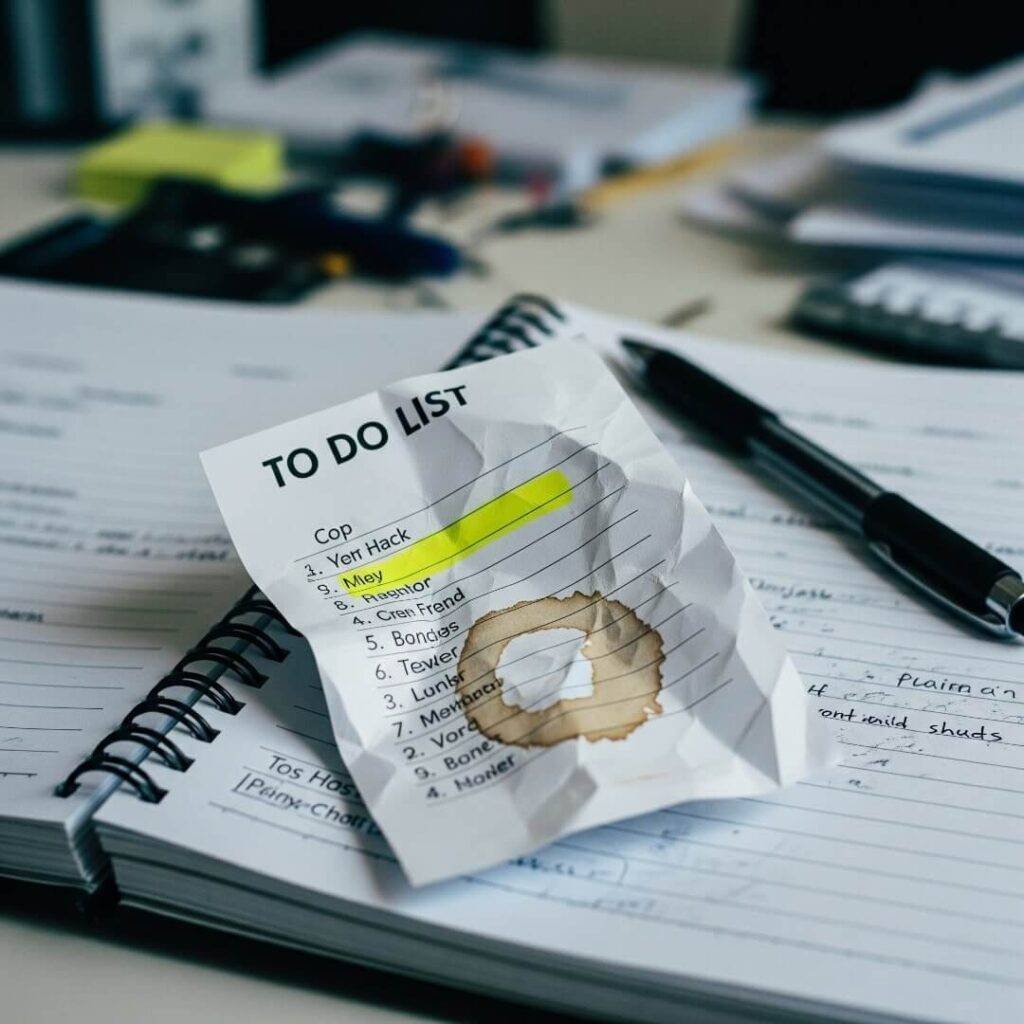 Crumpled to-do list on coffee-stained notebook.