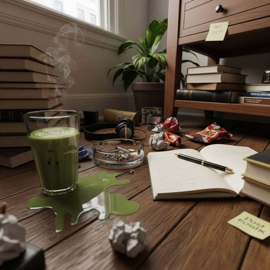 A spilled matcha latte and open journal on a cluttered Brooklyn apartment floor.