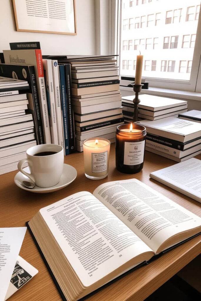 Cluttered Boston apartment desk with coffee stains