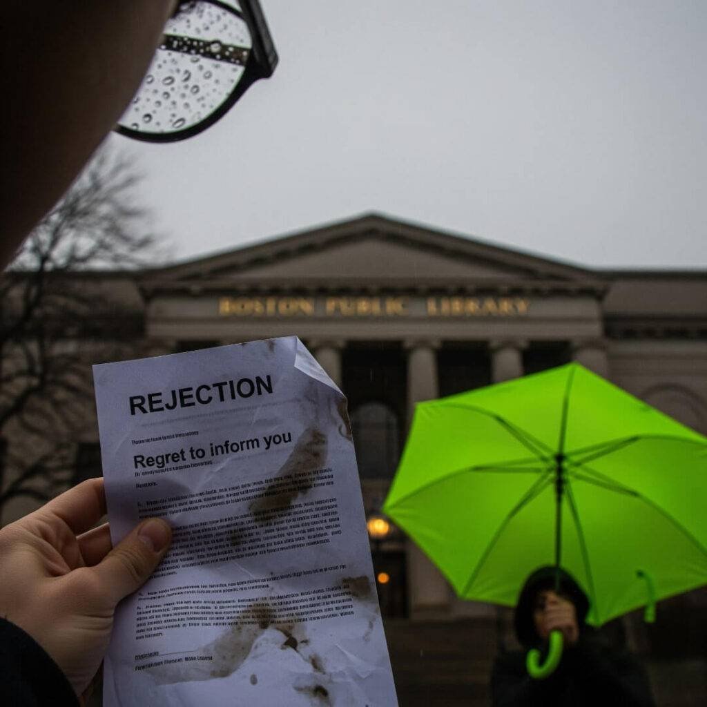 First-person view of a soggy rejection letter in the rain.