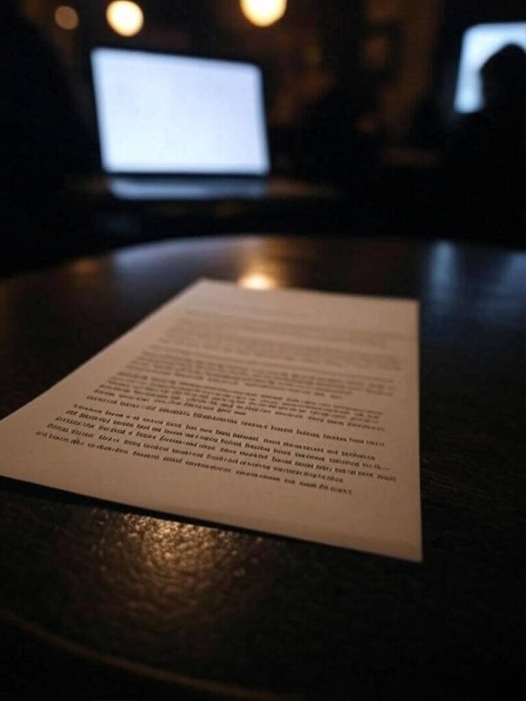 Soggy rejection letter on cafe table, dim laptop glow.