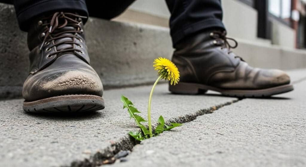 Scuffed boots, cracked sidewalk, dandelion.