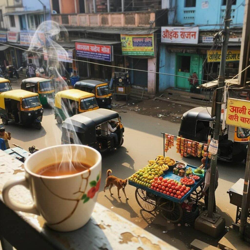 Balcony view of a busy street with chai.