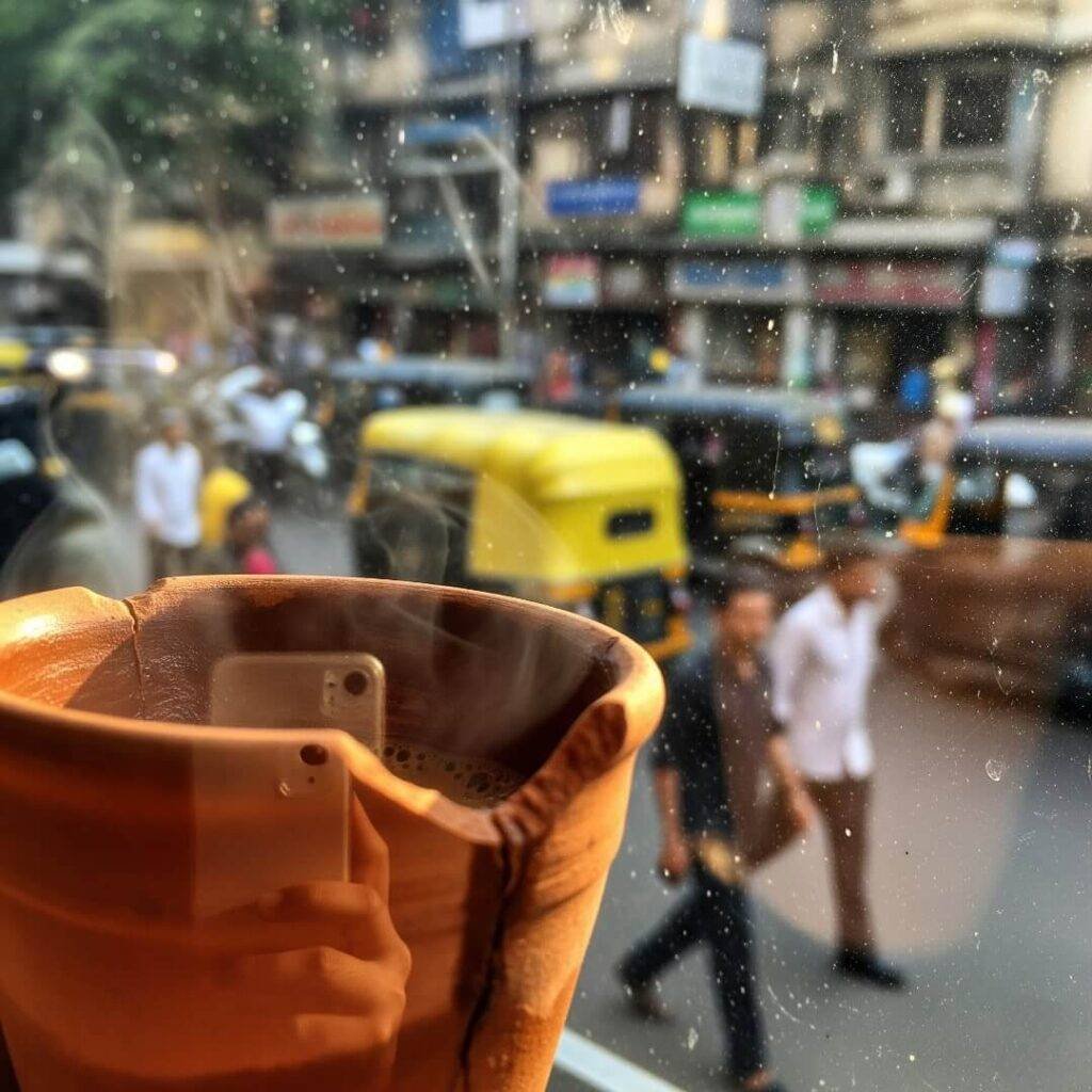Chipped chai cup, Mumbai street, blurry view, steam.