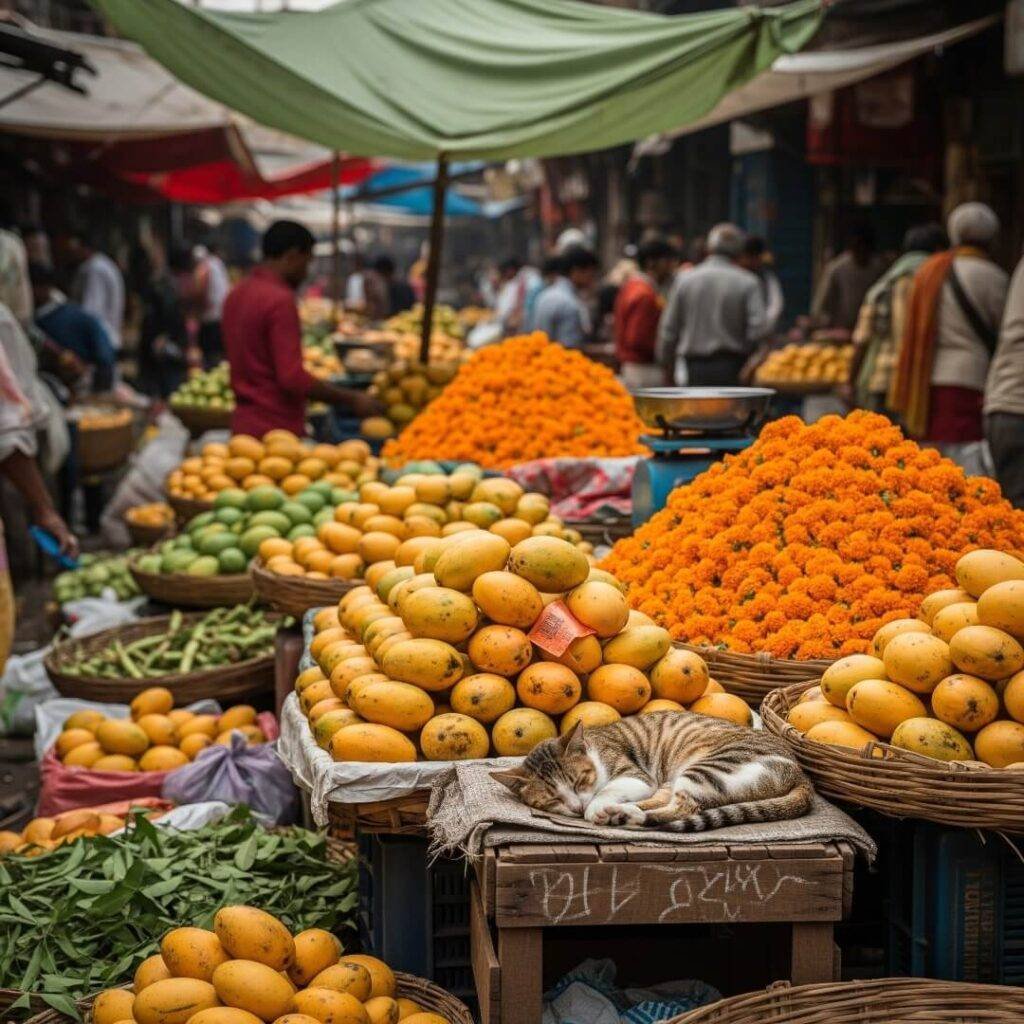Pune market chaos, cat napping on mangoes.