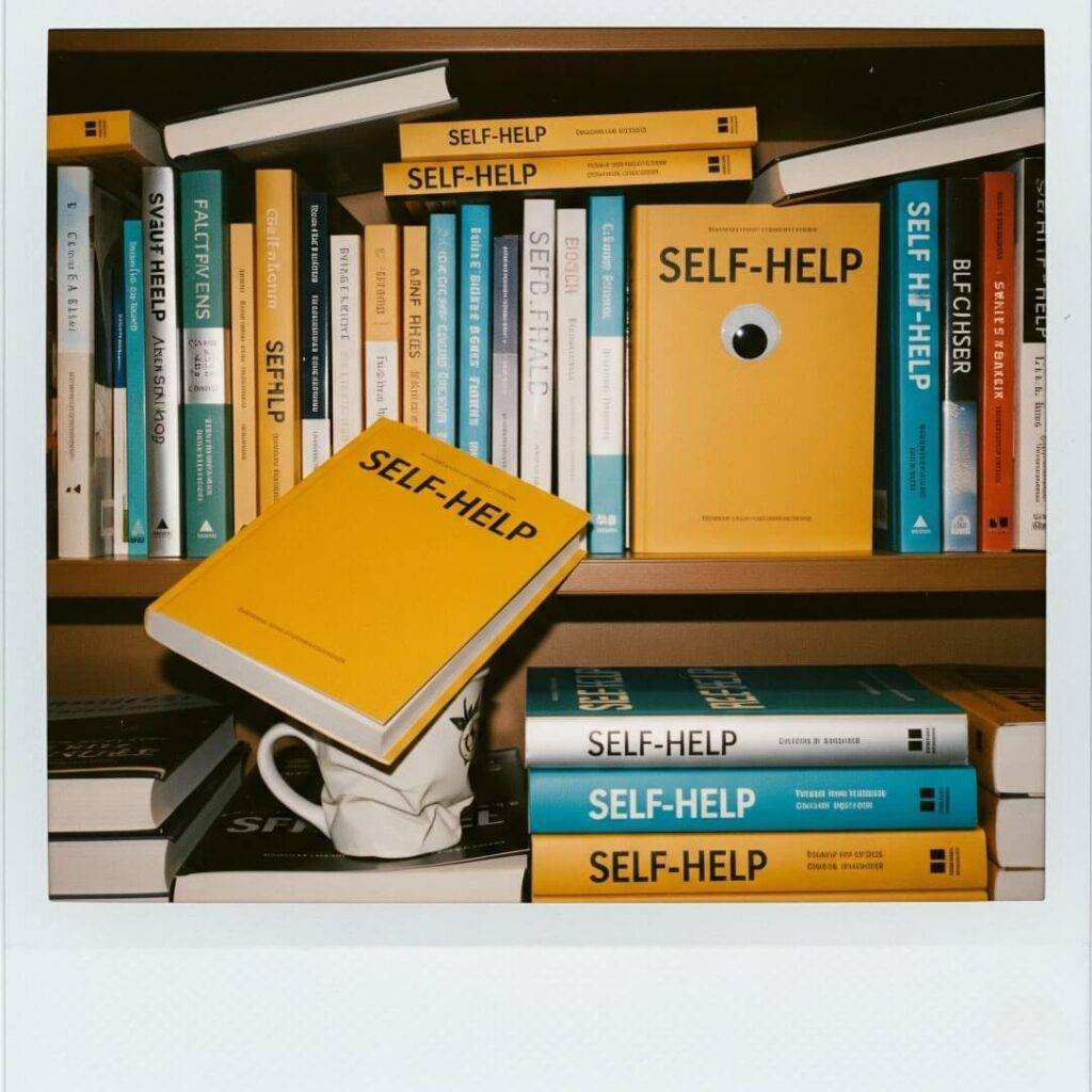 Self-help book chaos on a shelf with a googly eye.