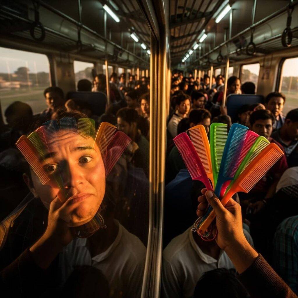 POV on a crowded train with reflection and combs.