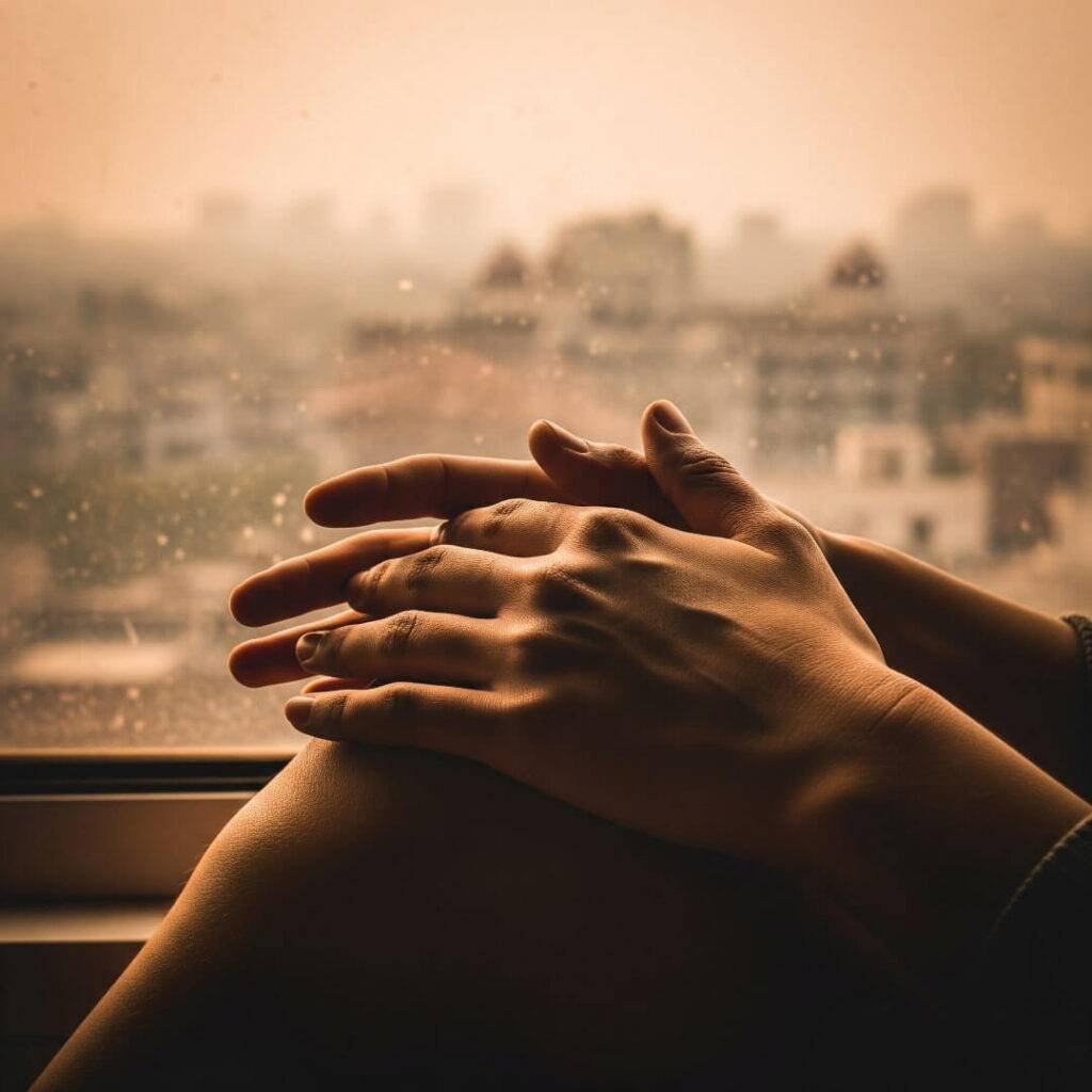 Hands on knees, hazy Delhi skyline from window.