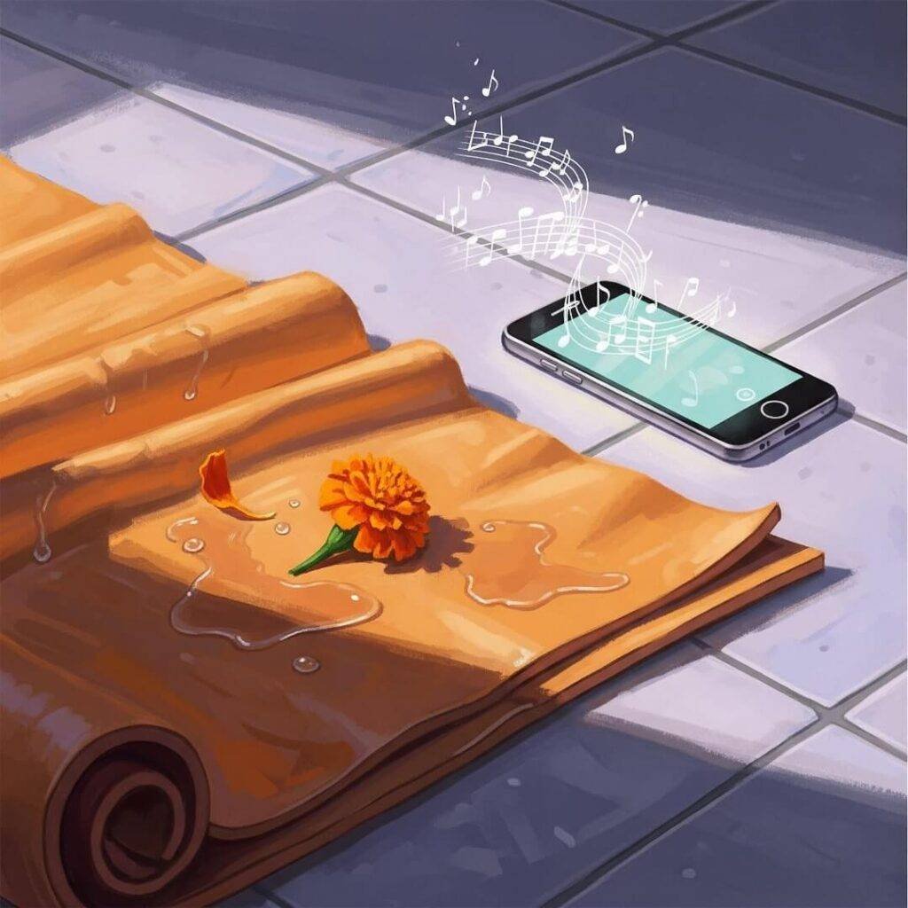Sweaty yoga mat, marigold, phone, tiled floor.