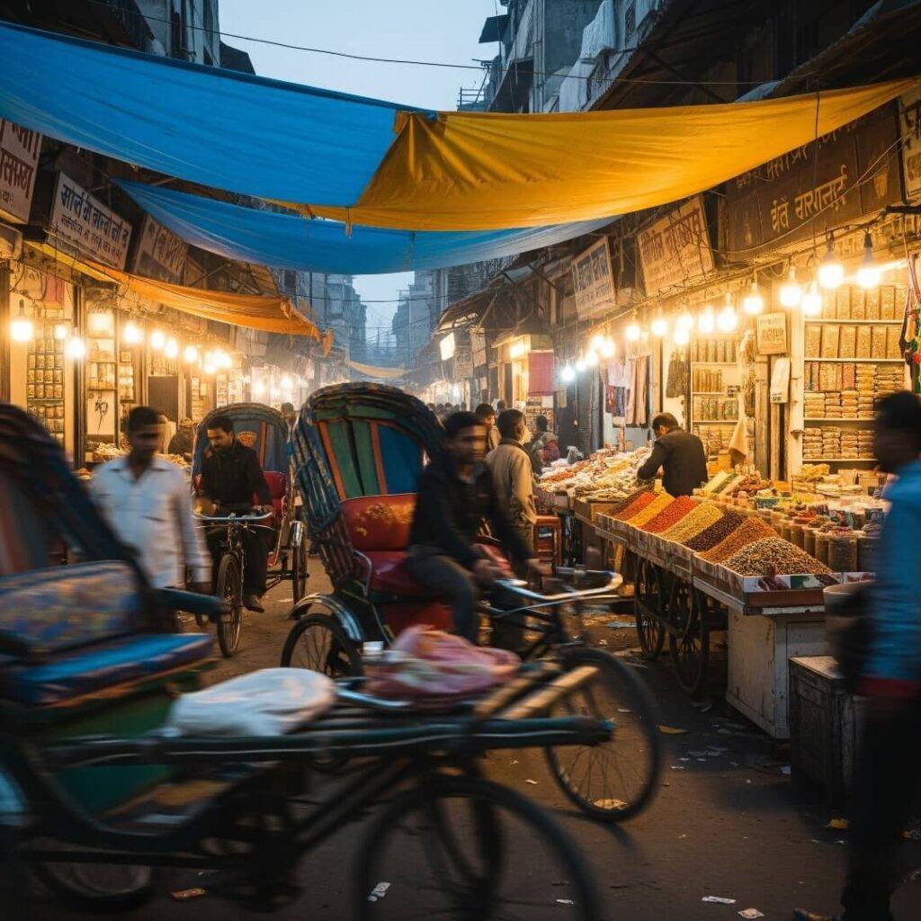 Old Delhi market at dusk.