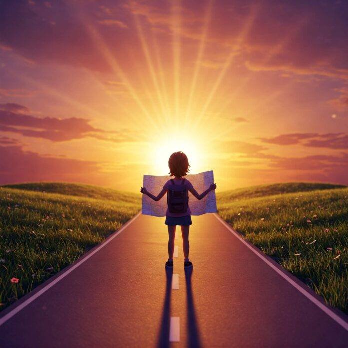 Person at Crossroads with Map at Sunrise Person at Crossroads with Map at Sunrise