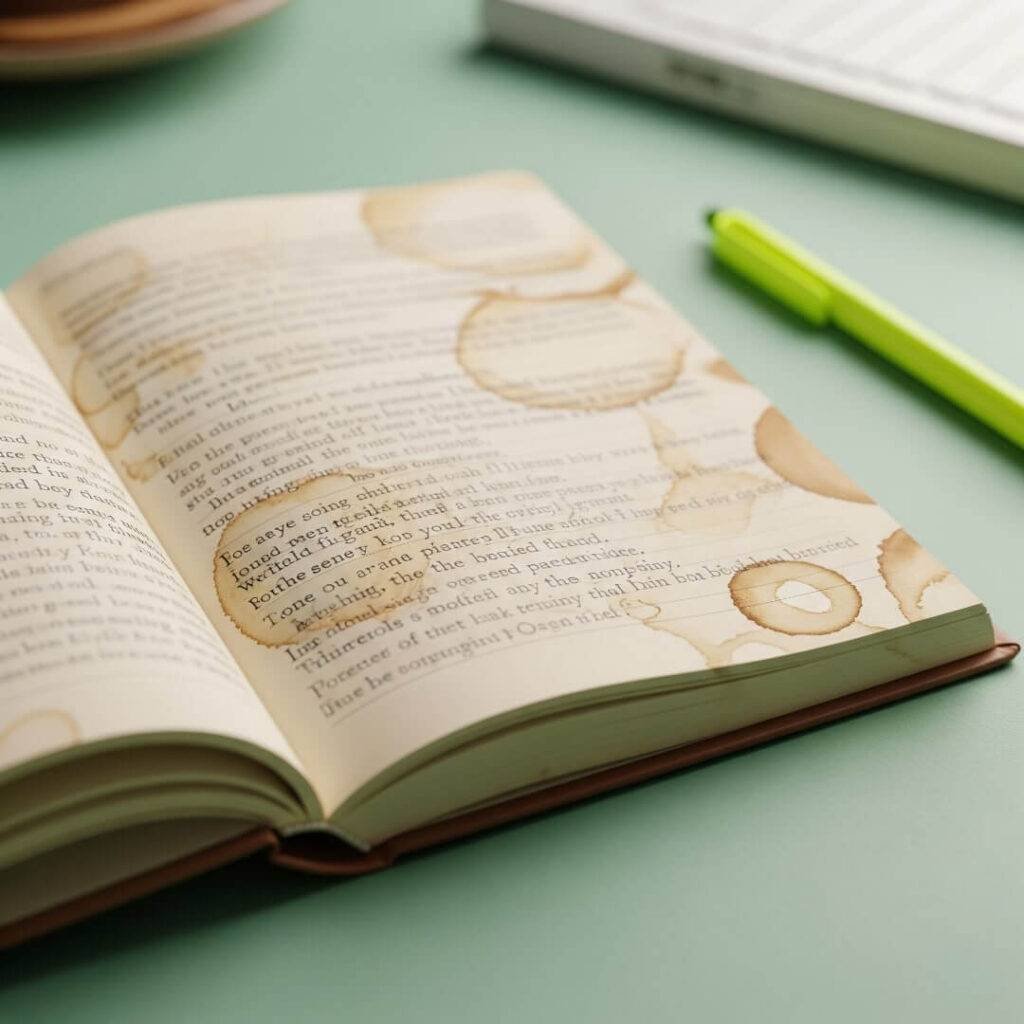 A humorous close-up of a coffee-stained journal with messy