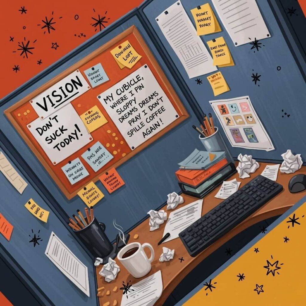 A quirky digital painting of a messy office