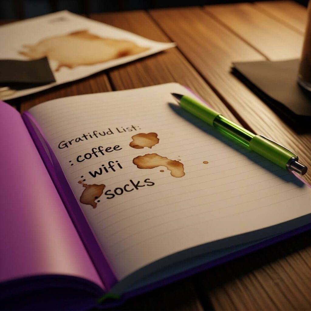 A close-up of a neon purple notebook with coffee