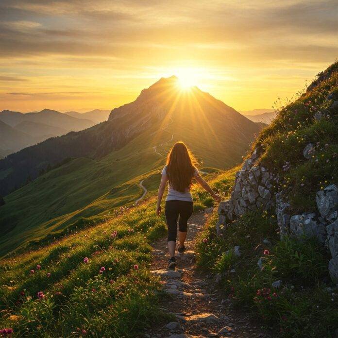 Mountain climber at sunrise: growth, progress Mountain climber at sunrise: growth, progress