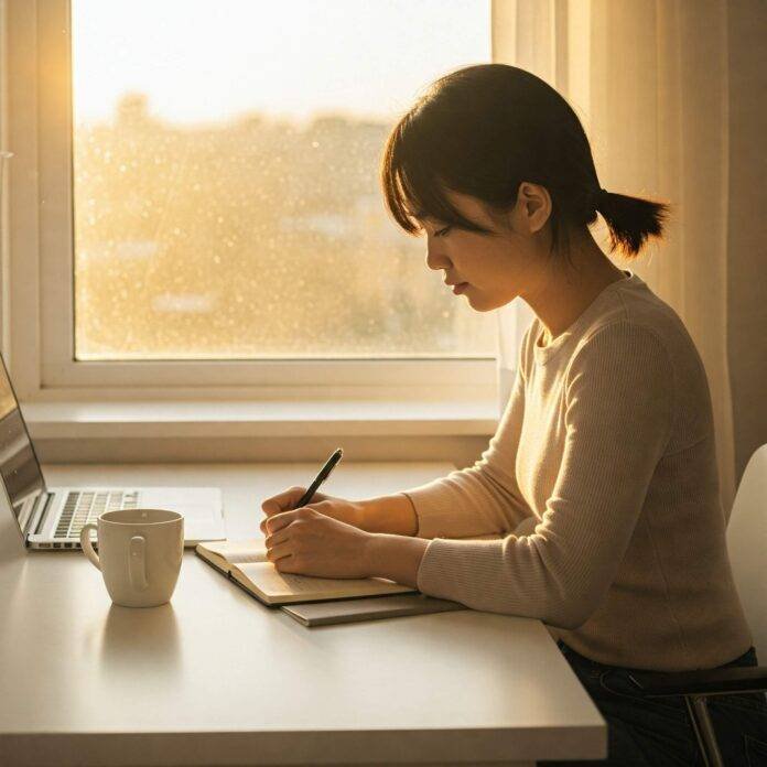 Morning journaling with coffee and sunlight Morning journaling with coffee and sunlight