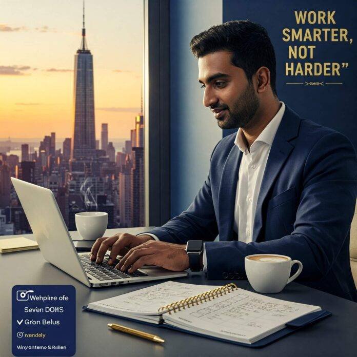Confident Entrepreneur at Desk with City View Confident Entrepreneur at Desk with City View