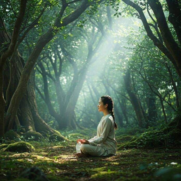 "Person meditating in forest with sunlight" "Person meditating in forest with sunlight"