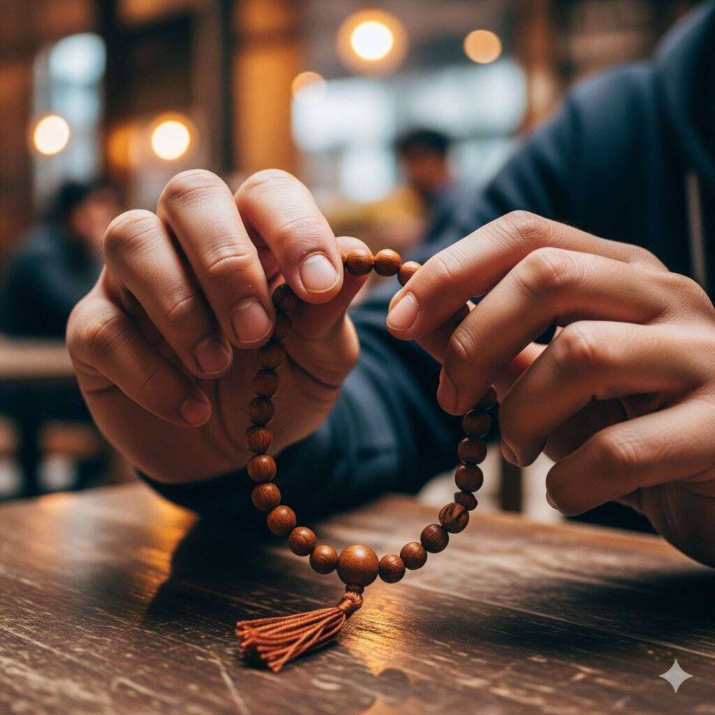 Fidgety hands with mala beads in Delhi café.