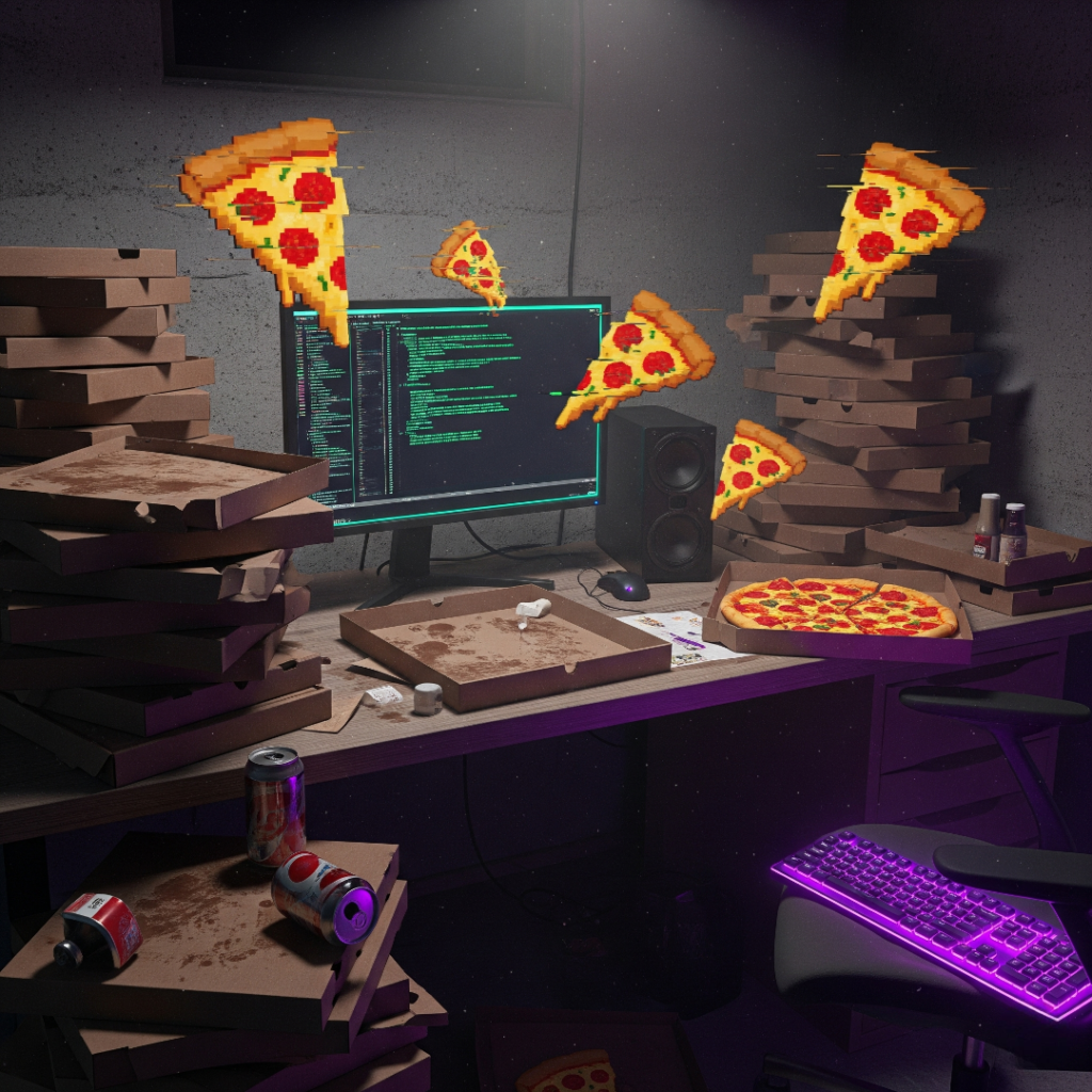 Gritty image of basement desk with pizza boxes and code.