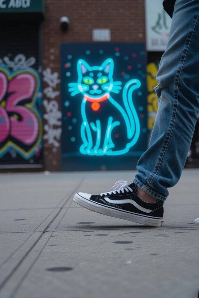 Grainy Brooklyn sidewalk with scuffed sneakers