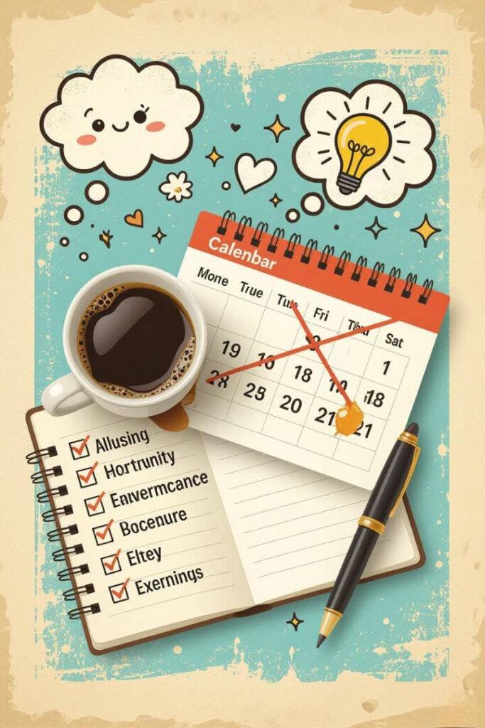 Vintage collage of notebook with affirmations and spilled coffee