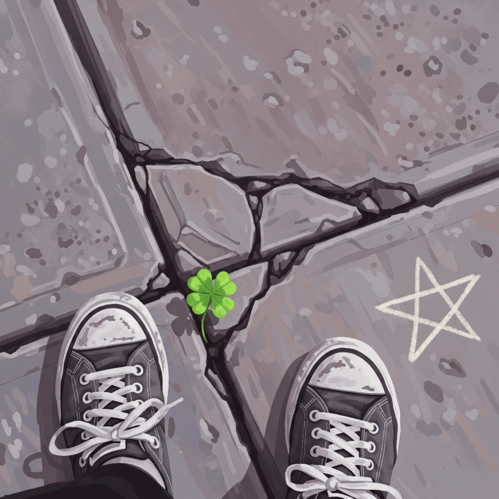 An impressionistic digital painting of scuffed sneakers on a cracked sidewalk