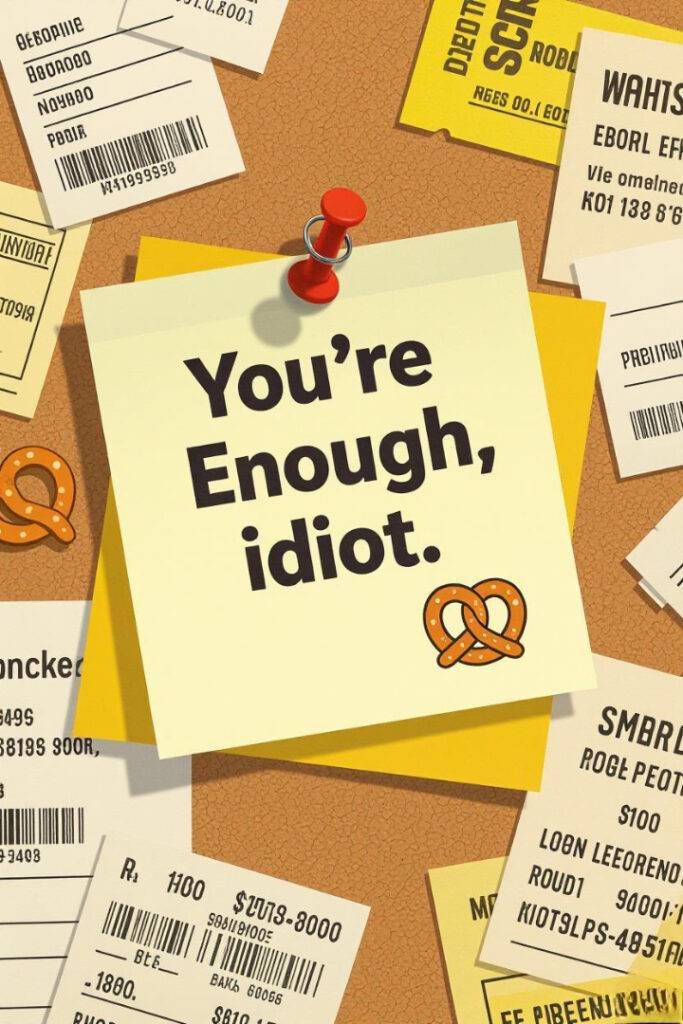 Vintage sticky note with "You're enough, idiot