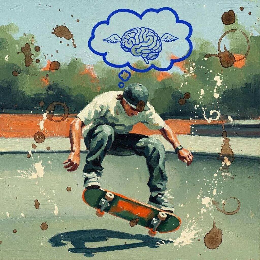 A skateboarder wiping out, with a thought bubble containing