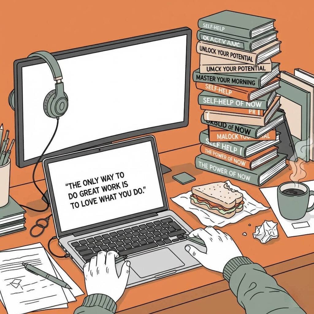 A wryly humorous digital sketch of a messy desk with a laptop open to a growth mindset quote.
