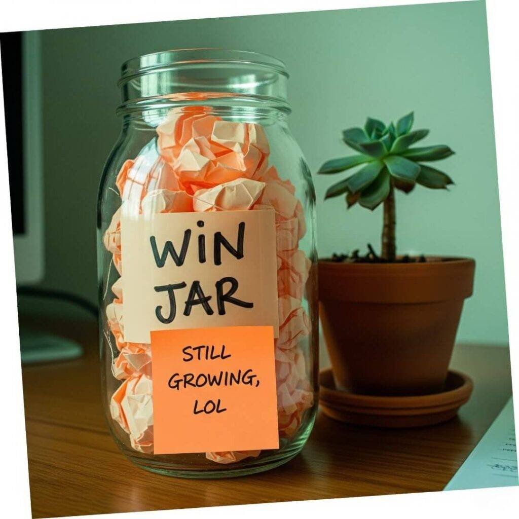 A "win jar" filled with crumpled paper next to a succulent.