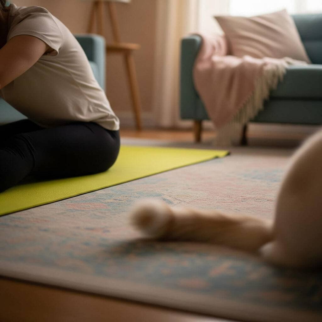 A person stretching on a neon yellow yoga mat