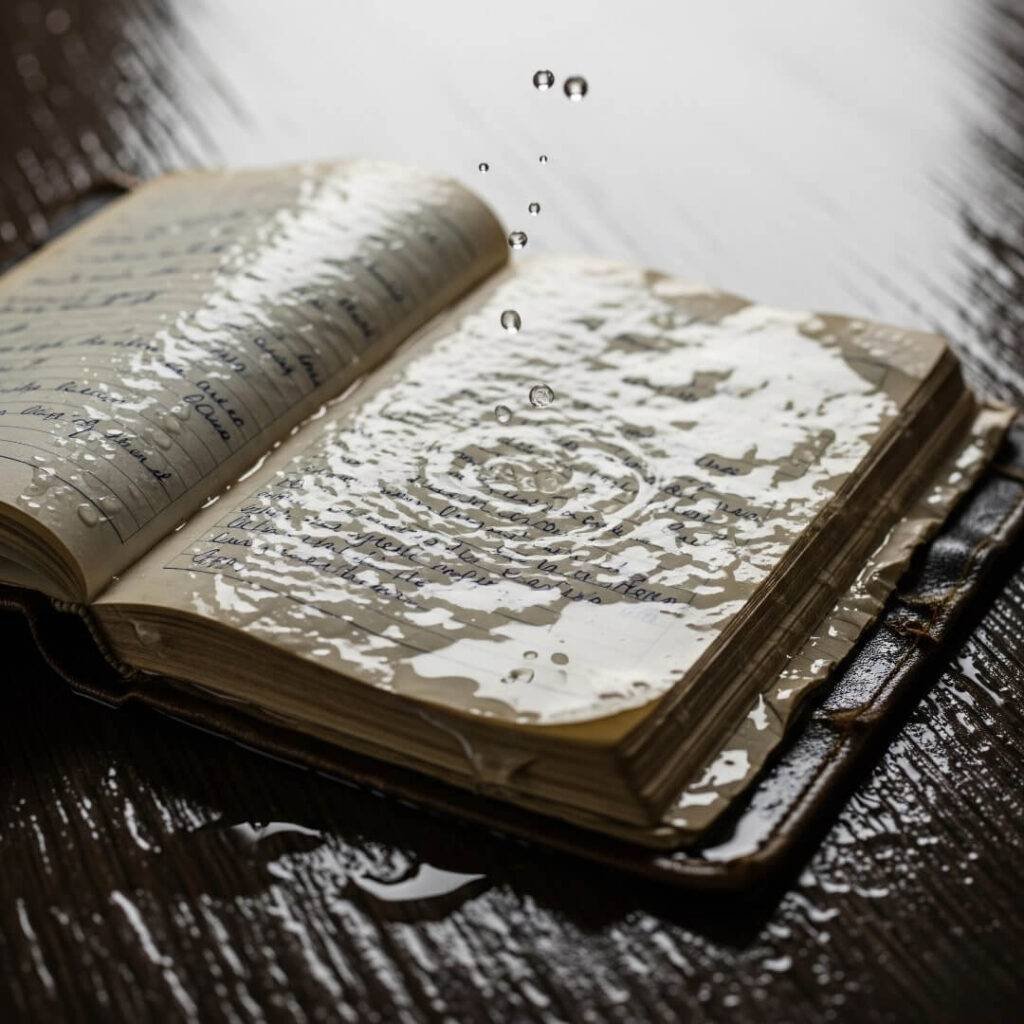 "Soggy notebook with water drops."