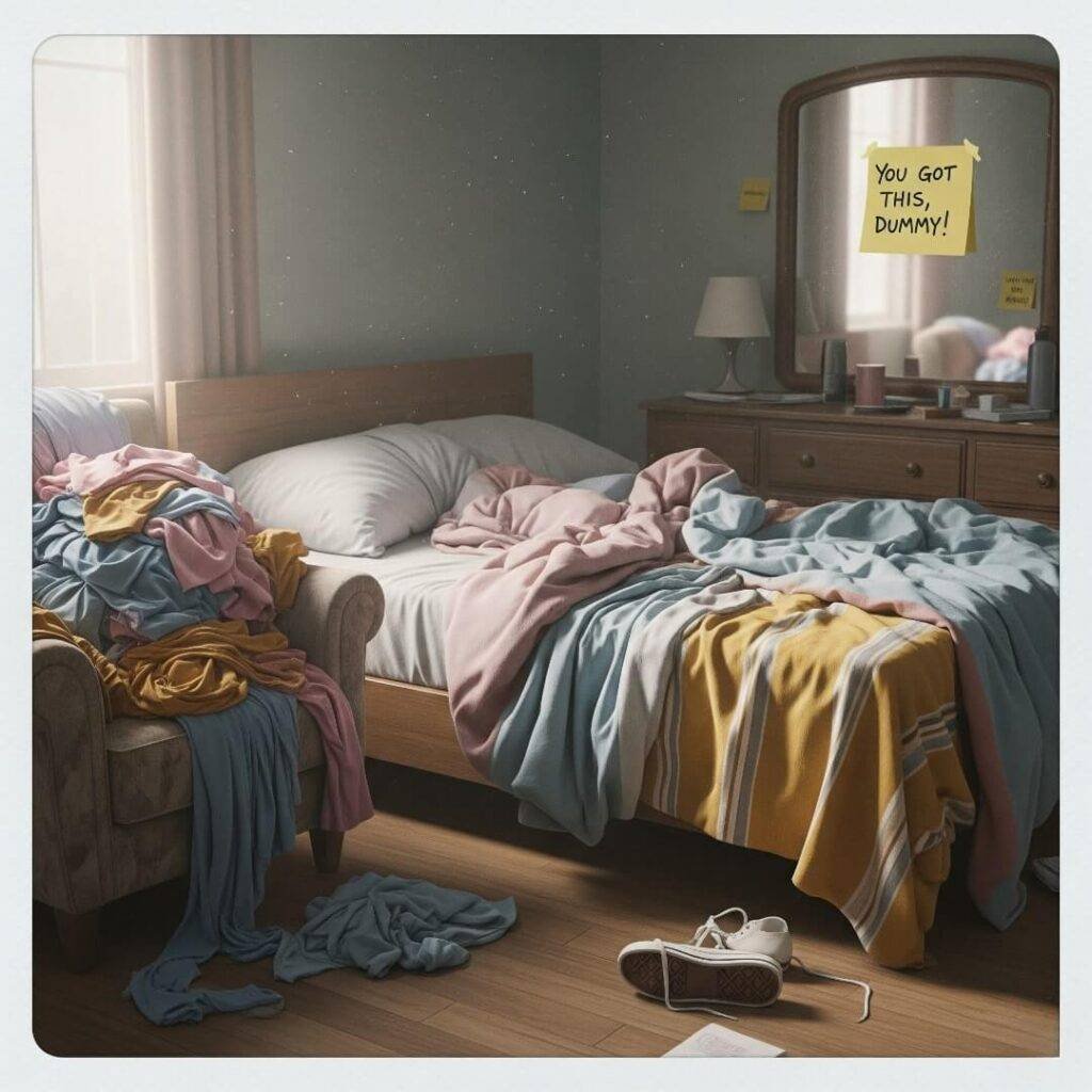 Messy bedroom with an unmade bed, a pile of clothes